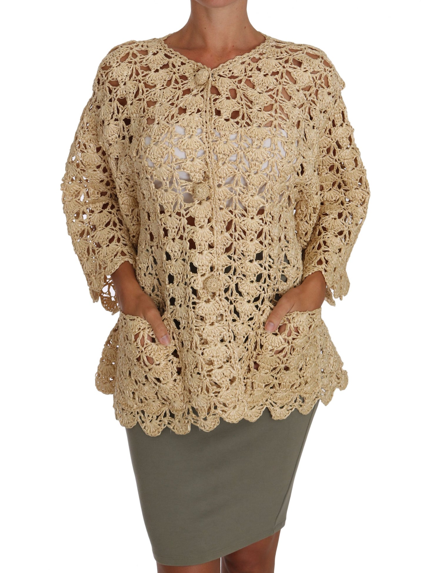 Chic Beige Crochet Raffia Cardigan - GlamHub Luxury and Icon Brand Clothing