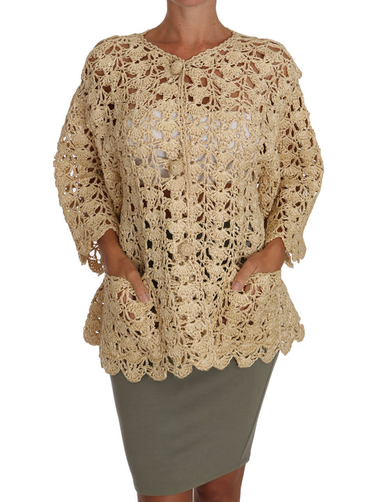 Chic Beige Crochet Raffia Cardigan - GlamHub Luxury and Icon Brand Clothing