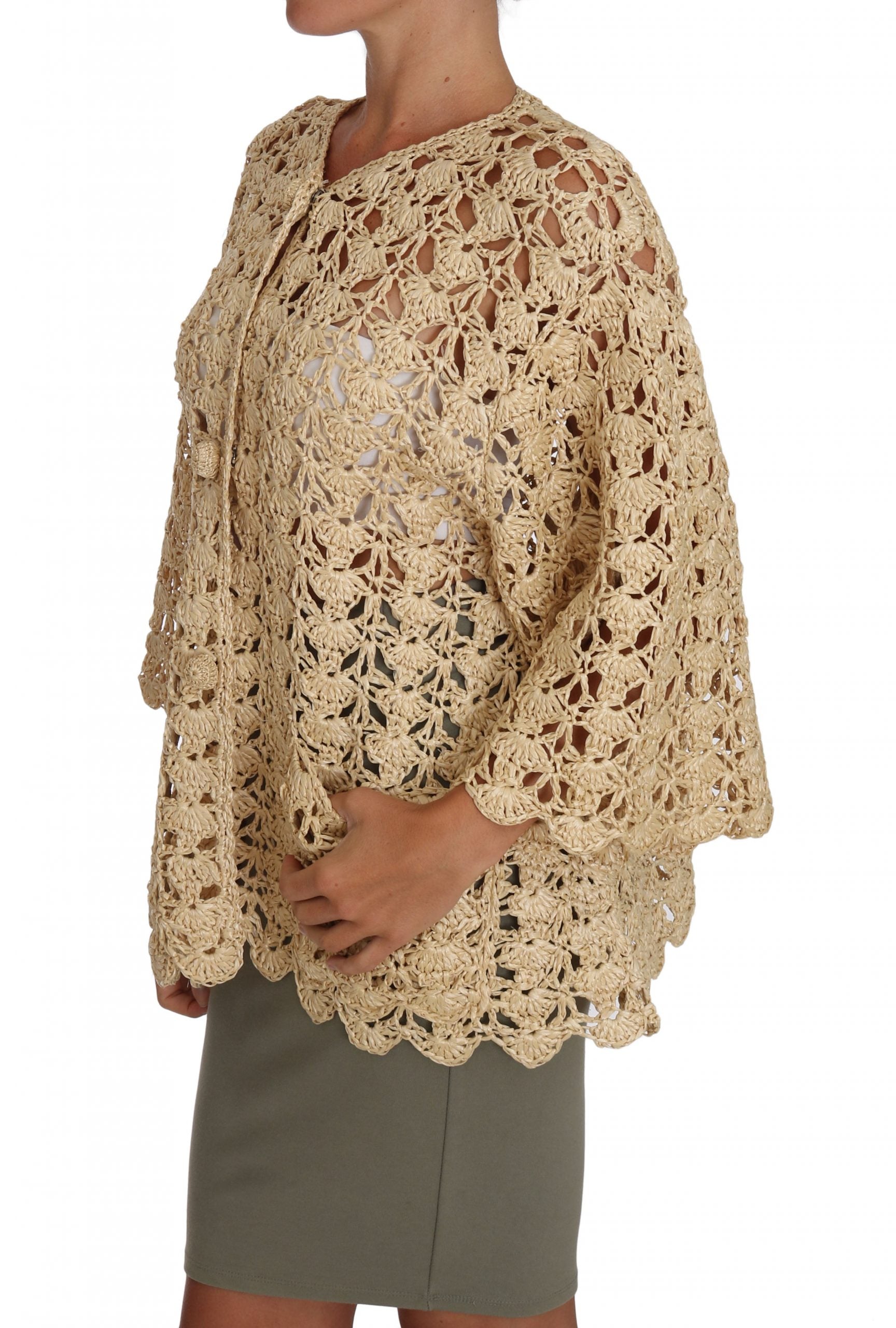 Chic Beige Crochet Raffia Cardigan - GlamHub Luxury and Icon Brand Clothing