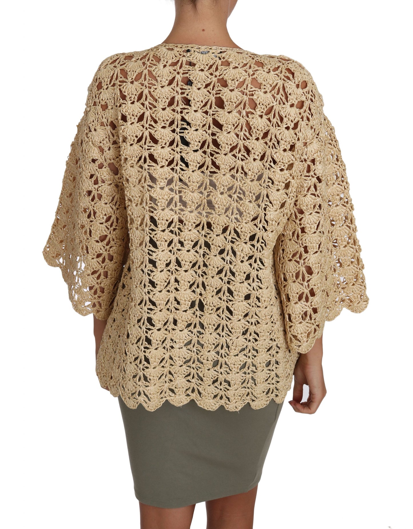 Chic Beige Crochet Raffia Cardigan - GlamHub Luxury and Icon Brand Clothing