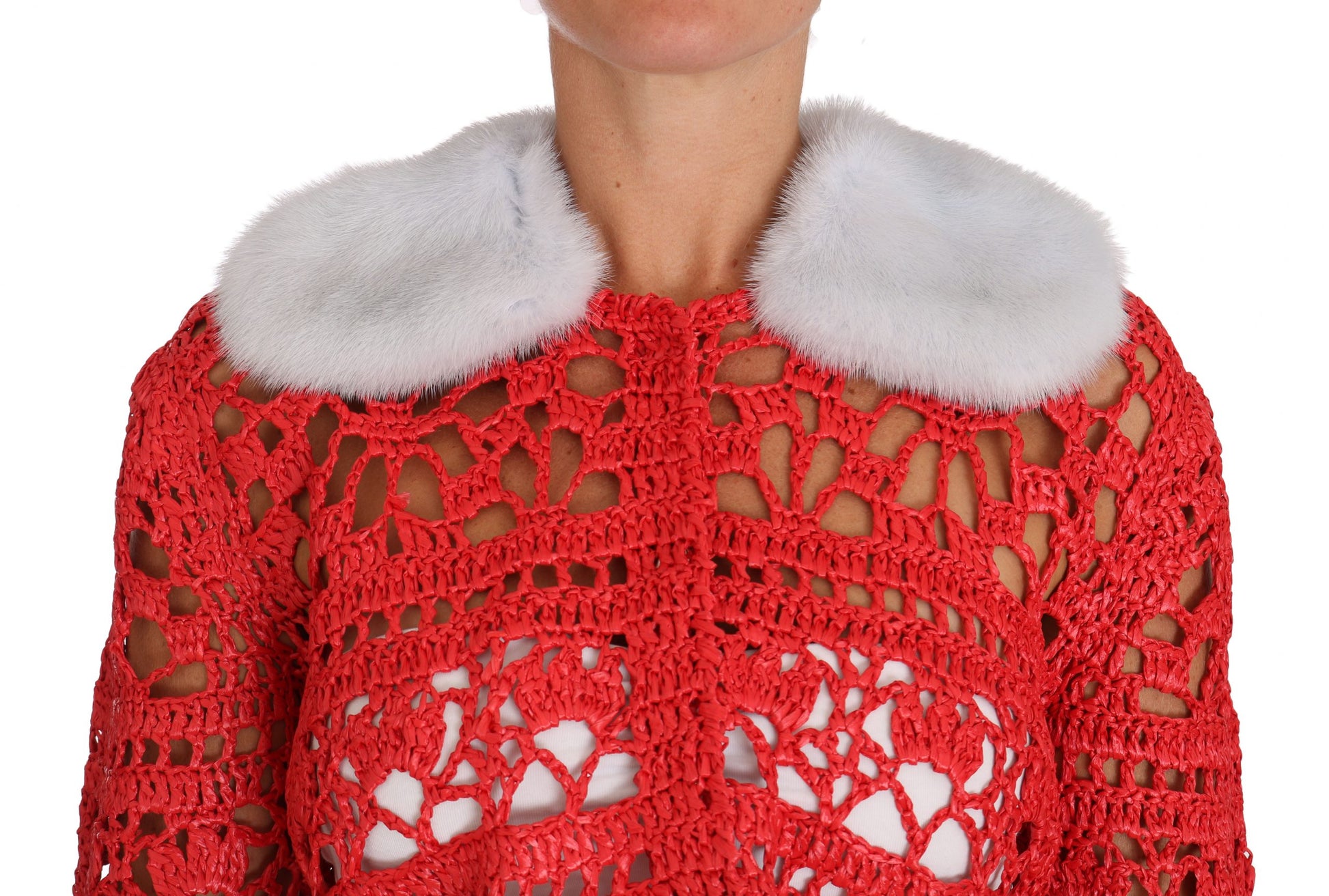 Elegant Red Crochet Knit Cardigan with Fur Collar - GlamHub Luxury and Icon Brand Clothing