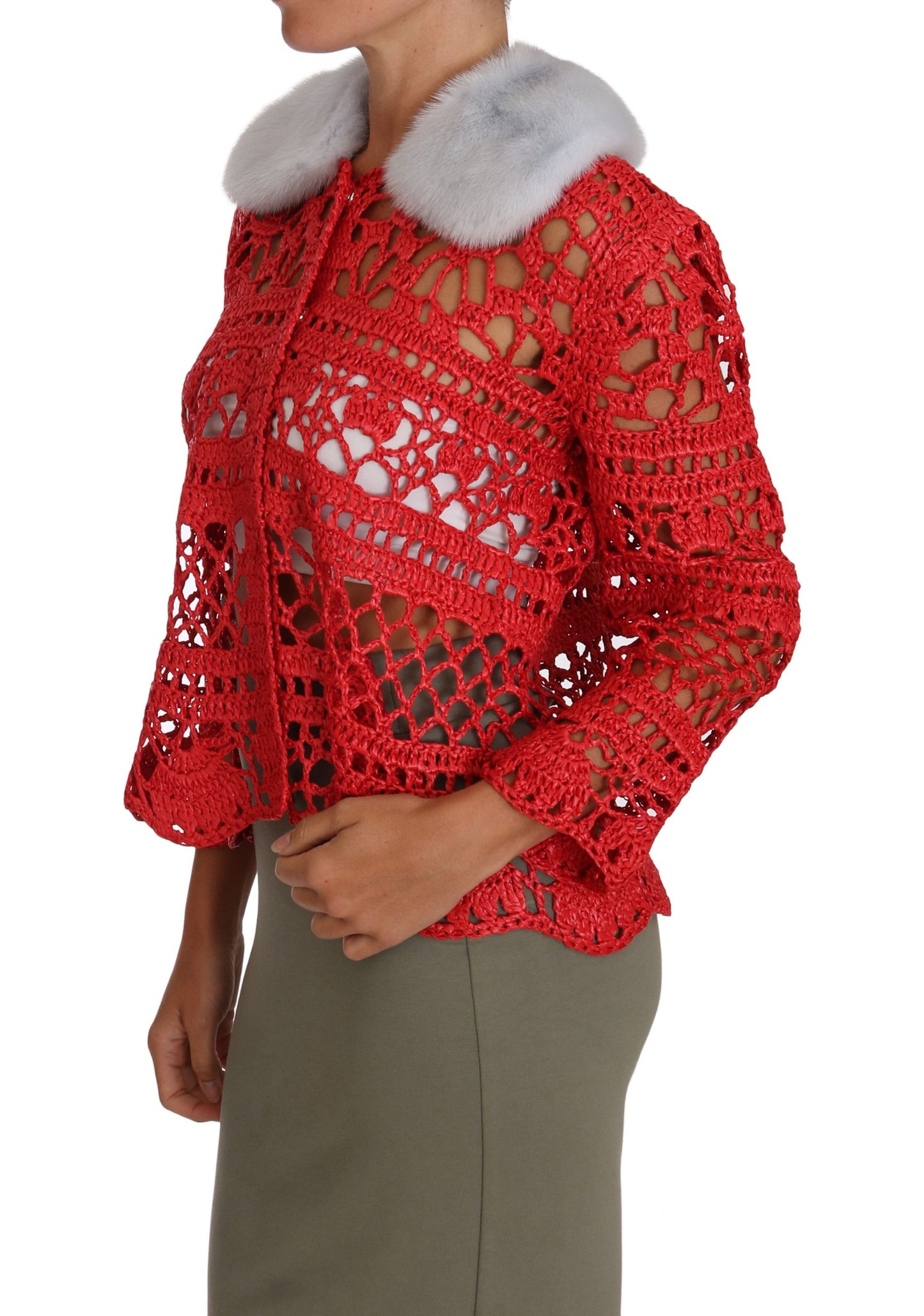 Elegant Red Crochet Knit Cardigan with Fur Collar - GlamHub Luxury and Icon Brand Clothing