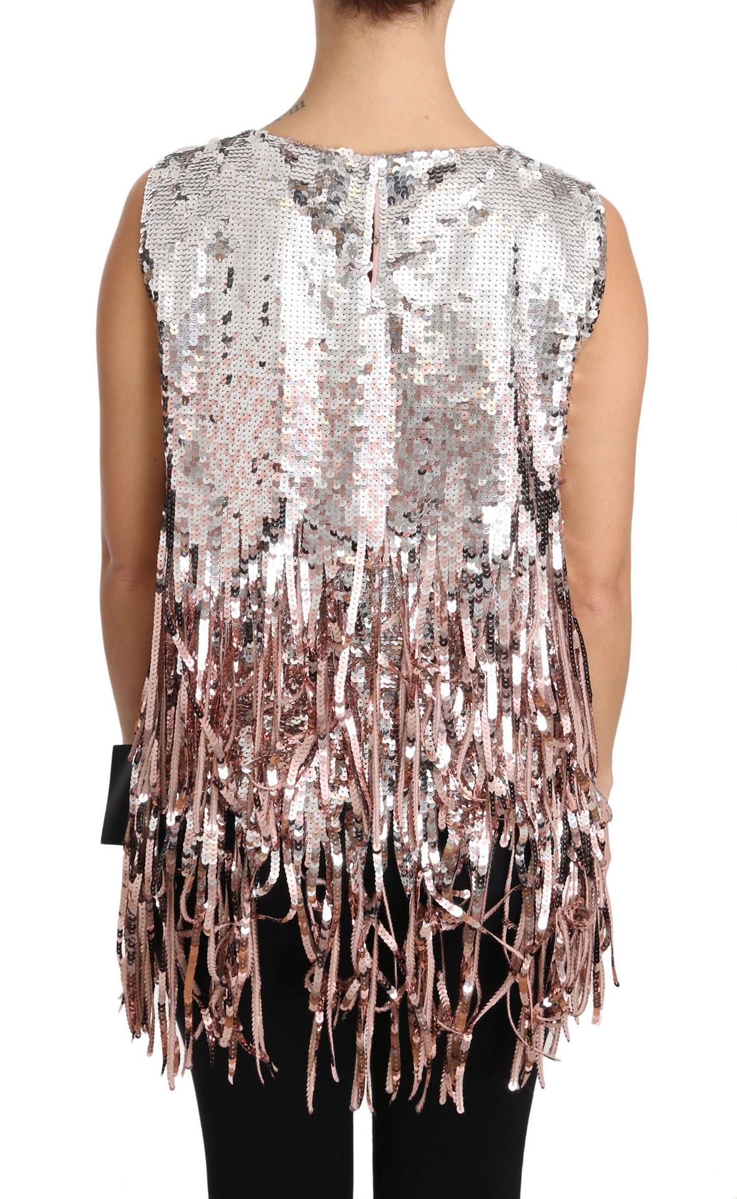 Golden Pink Sequined Fringe Elegance Top - GlamHub Luxury and Icon Brand Clothing