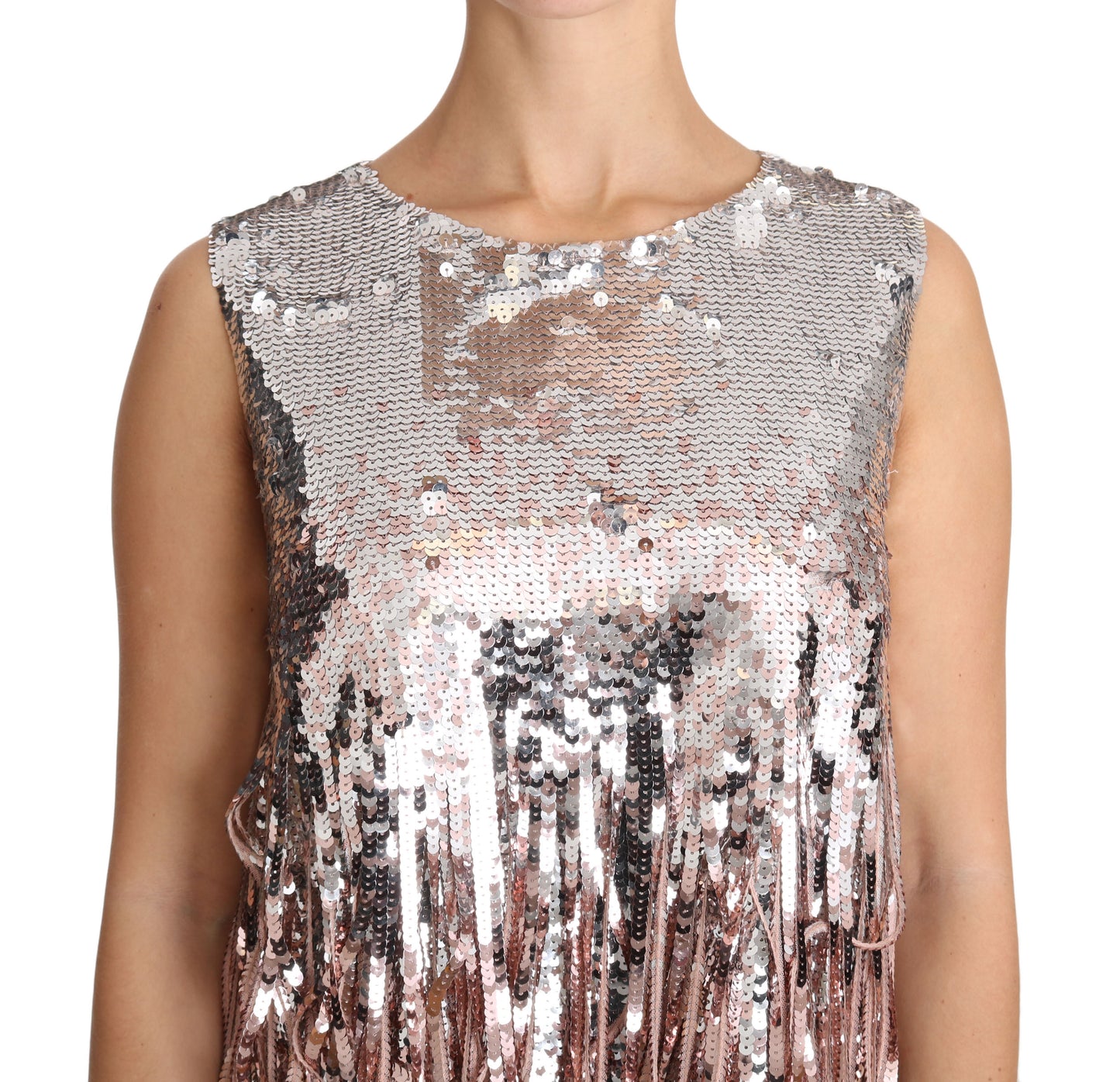 Golden Pink Sequined Fringe Elegance Top - GlamHub Luxury and Icon Brand Clothing