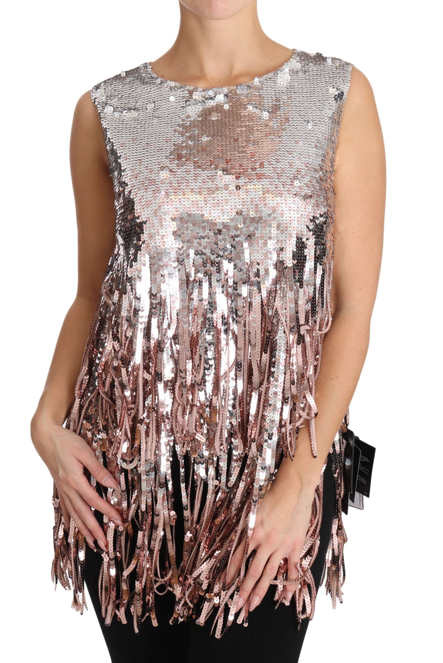 Golden Pink Sequined Fringe Elegance Top - GlamHub Luxury and Icon Brand Clothing