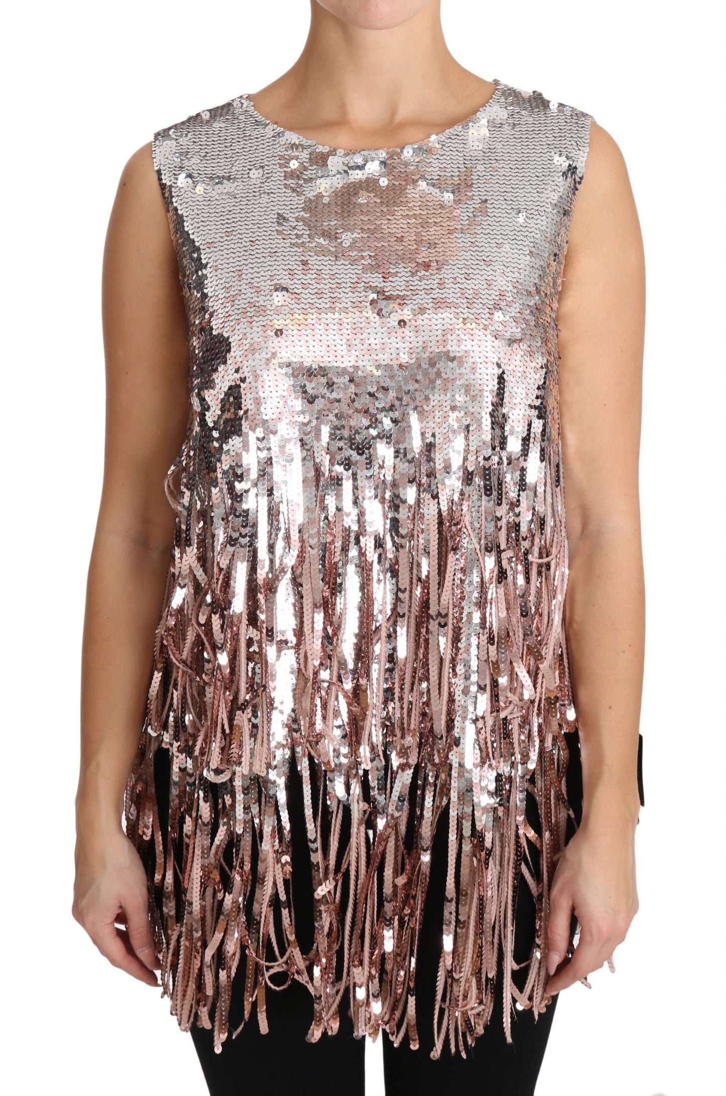 Golden Pink Sequined Fringe Elegance Top - GlamHub Luxury and Icon Brand Clothing