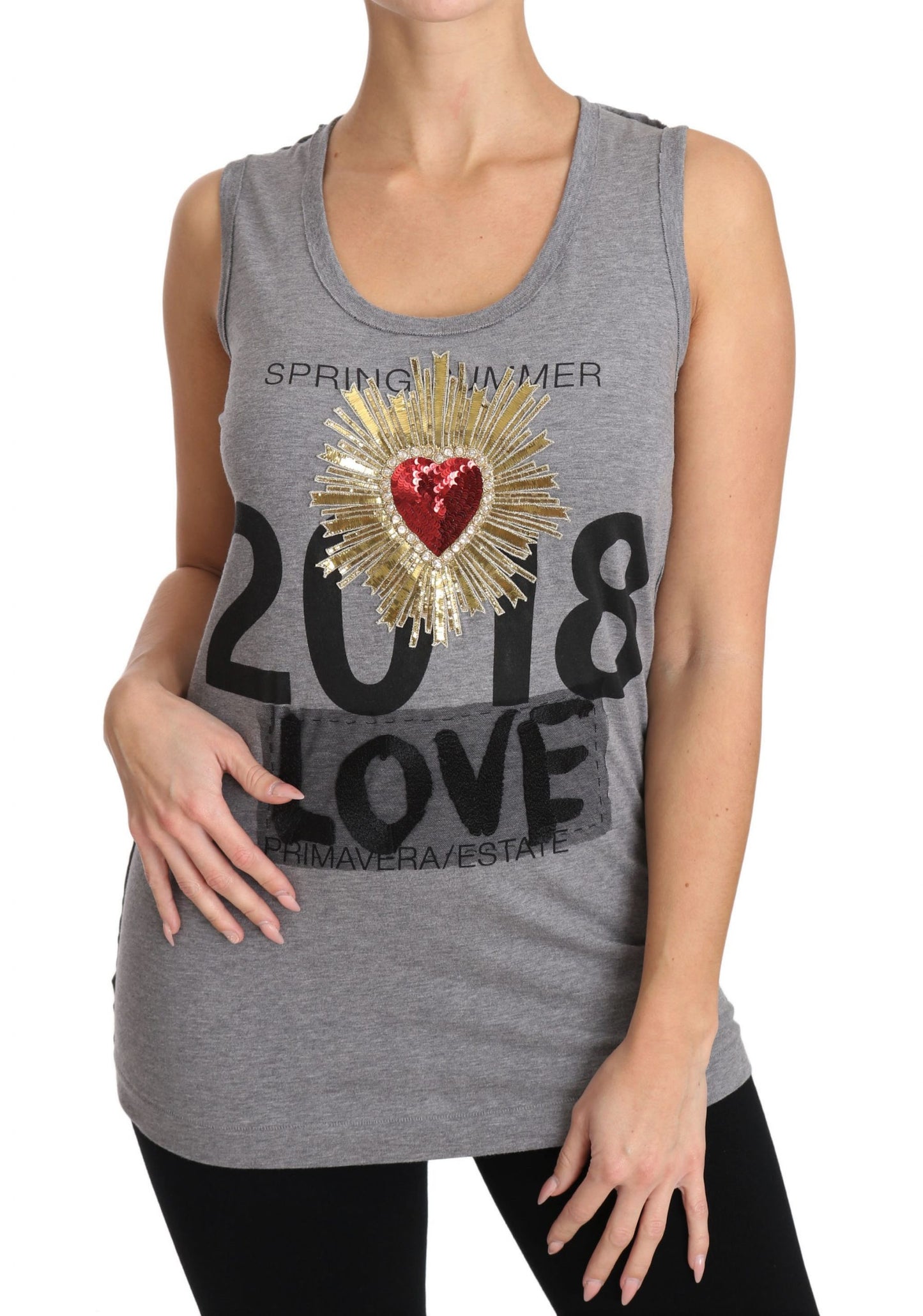 Sequined Heart Tank Top in Gray - GlamHub Luxury and Icon Brand Clothing