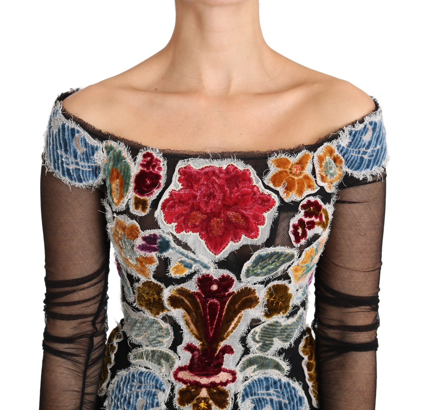 Elegant Floral Applique Long Sleeve Top - GlamHub Luxury and Icon Brand Clothing