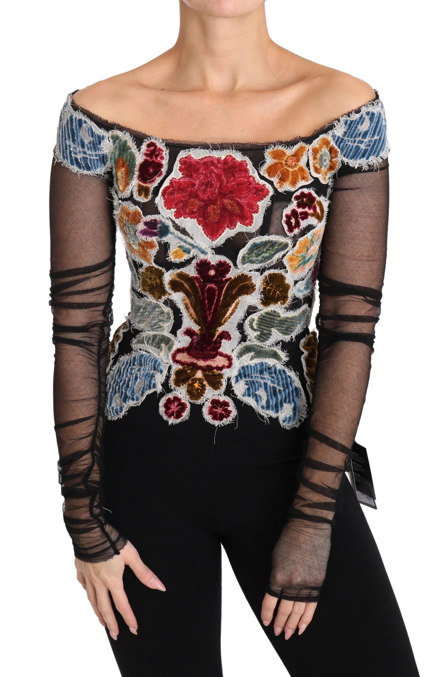 Elegant Floral Applique Long Sleeve Top - GlamHub Luxury and Icon Brand Clothing