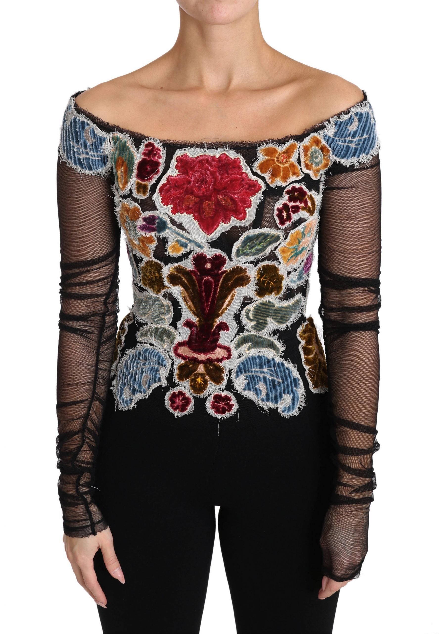 Elegant Floral Applique Long Sleeve Top - GlamHub Luxury and Icon Brand Clothing