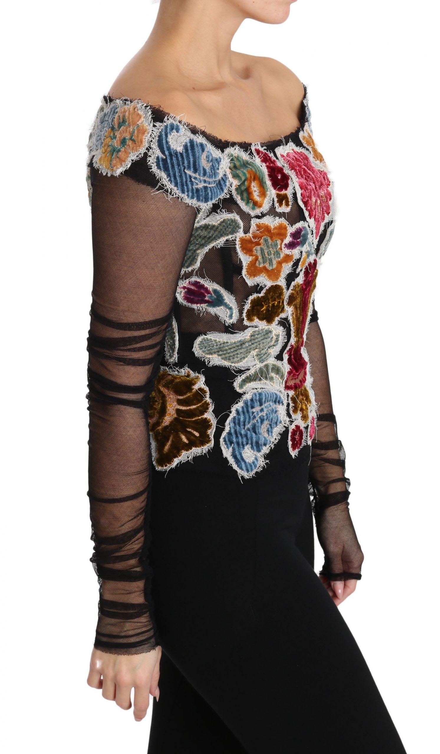 Elegant Floral Applique Long Sleeve Top - GlamHub Luxury and Icon Brand Clothing