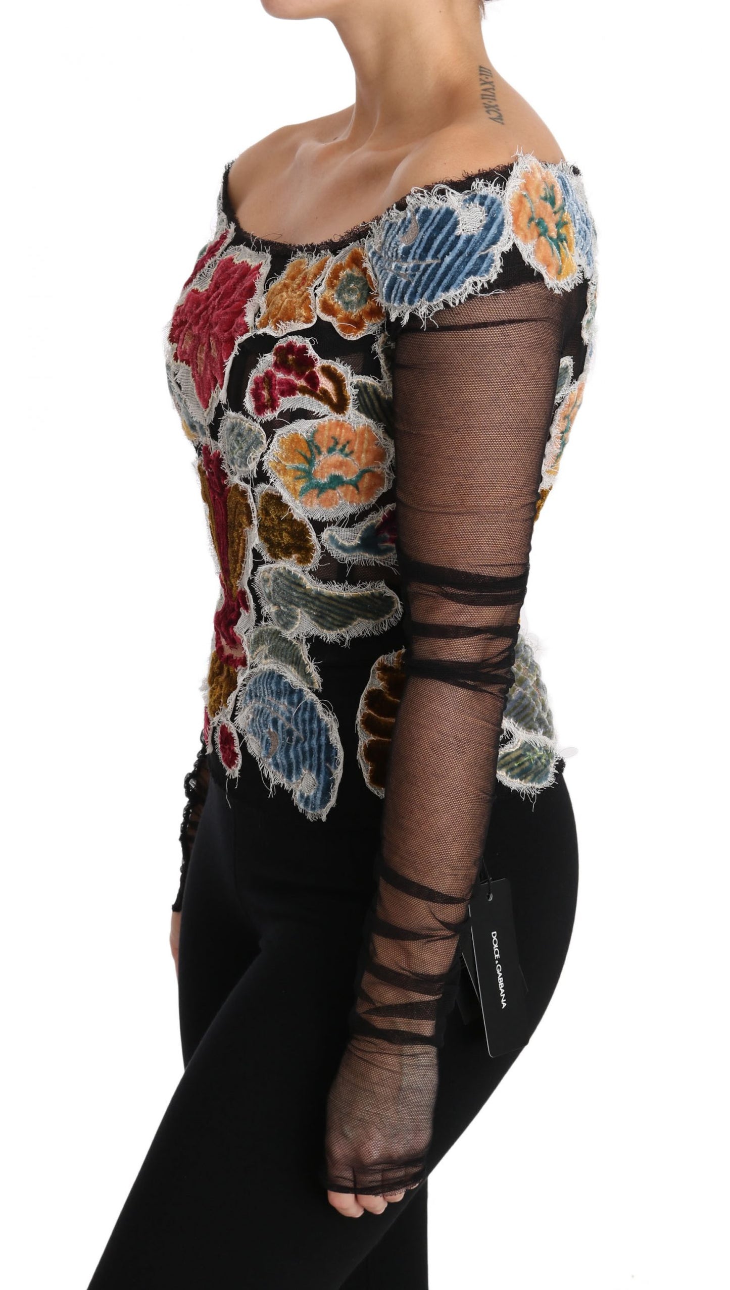 Elegant Floral Applique Long Sleeve Top - GlamHub Luxury and Icon Brand Clothing