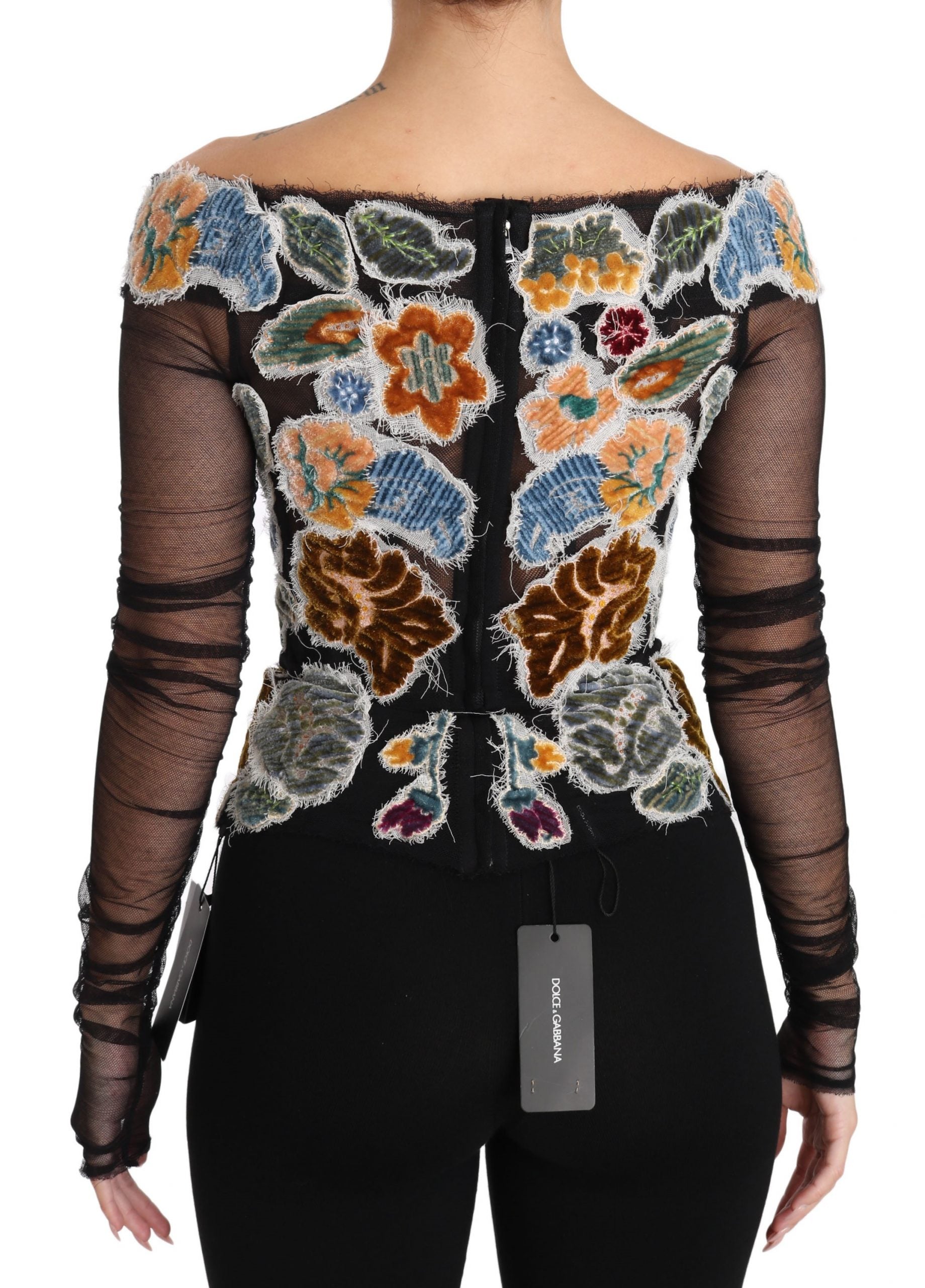 Elegant Floral Applique Long Sleeve Top - GlamHub Luxury and Icon Brand Clothing