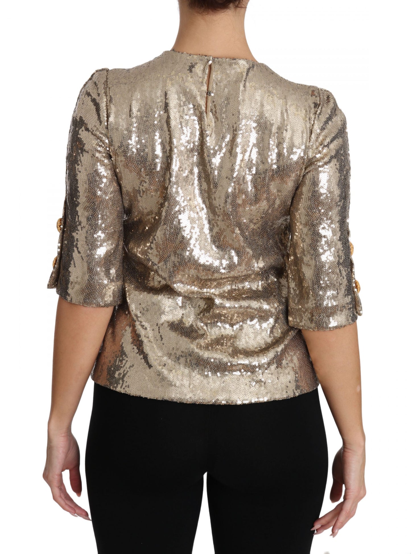 Gold Parrot Motif Crewneck Blouse with Crystals - GlamHub Luxury and Icon Brand Clothing