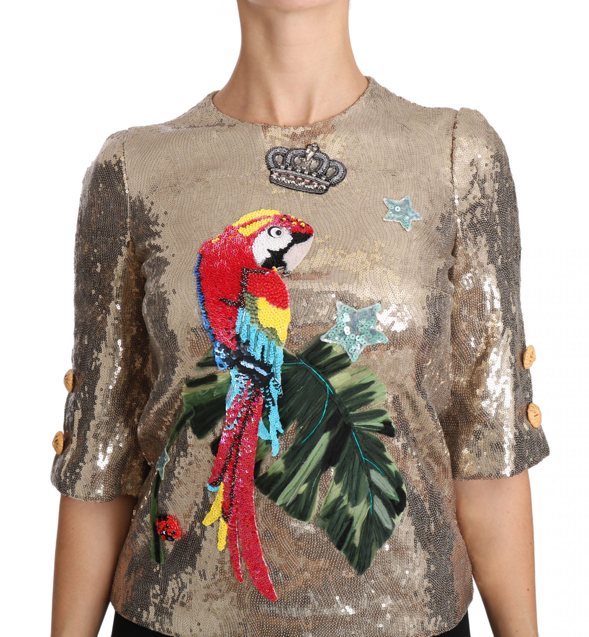 Gold Parrot Motif Crewneck Blouse with Crystals - GlamHub Luxury and Icon Brand Clothing