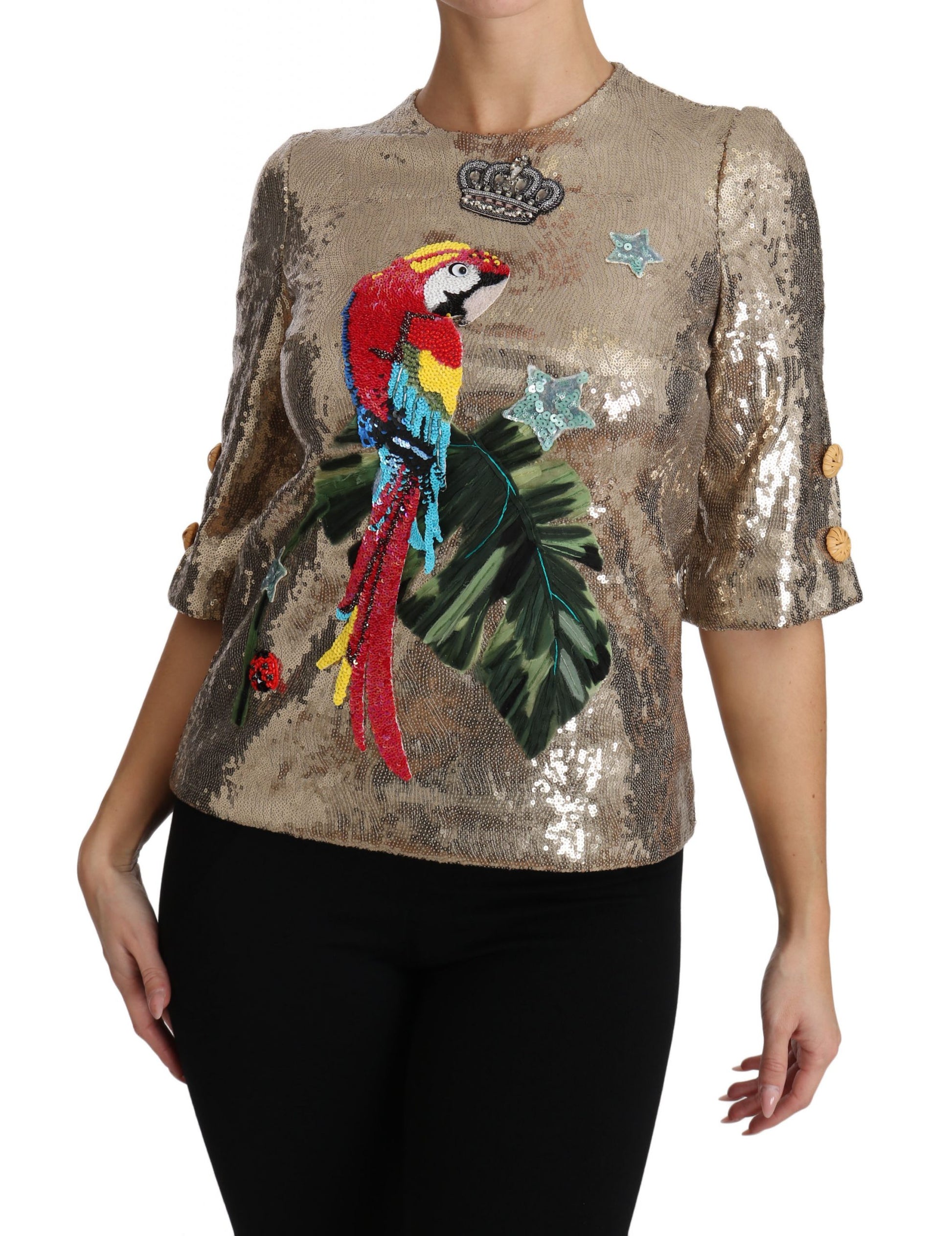 Gold Parrot Motif Crewneck Blouse with Crystals - GlamHub Luxury and Icon Brand Clothing