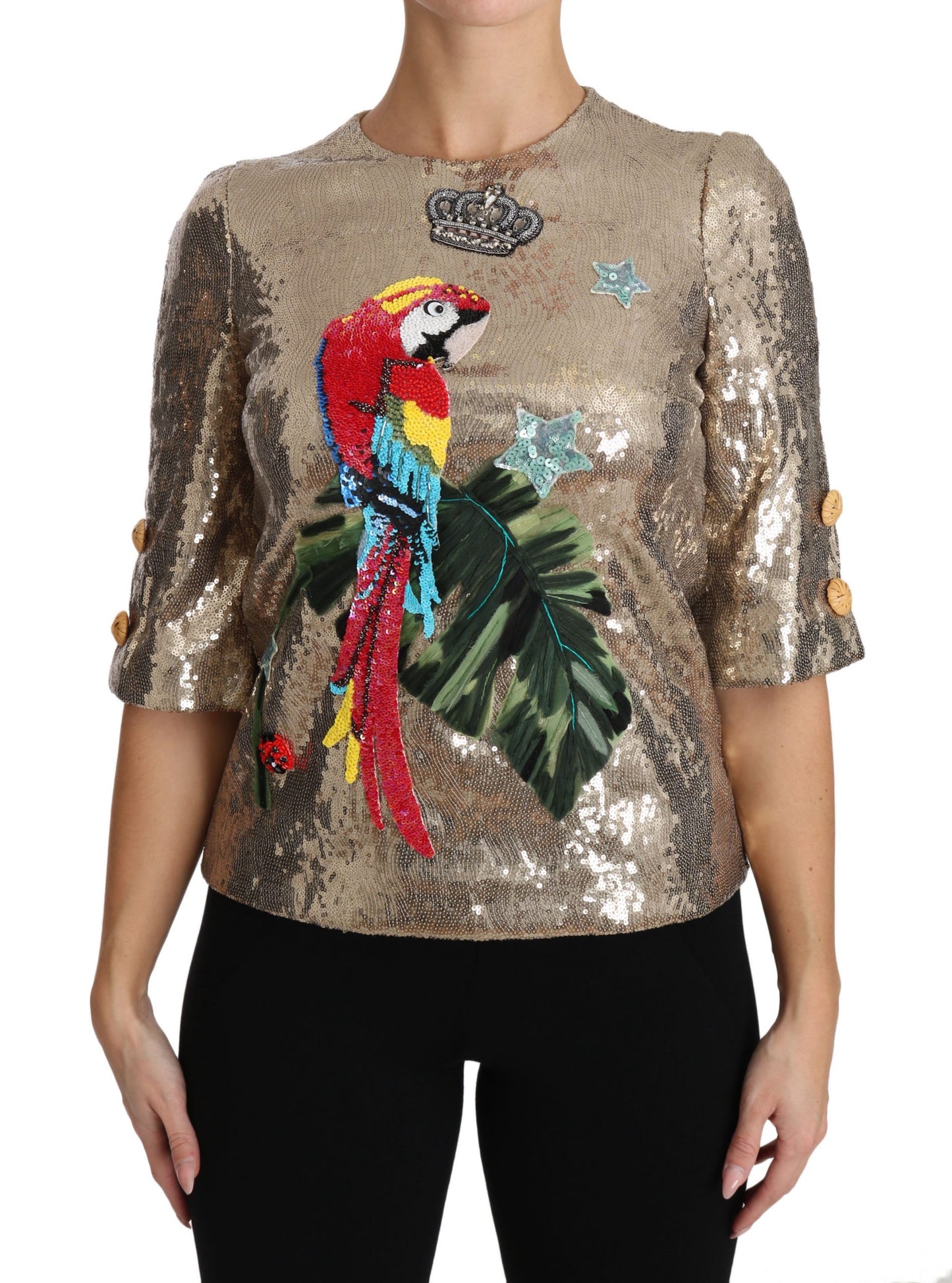 Gold Parrot Motif Crewneck Blouse with Crystals - GlamHub Luxury and Icon Brand Clothing