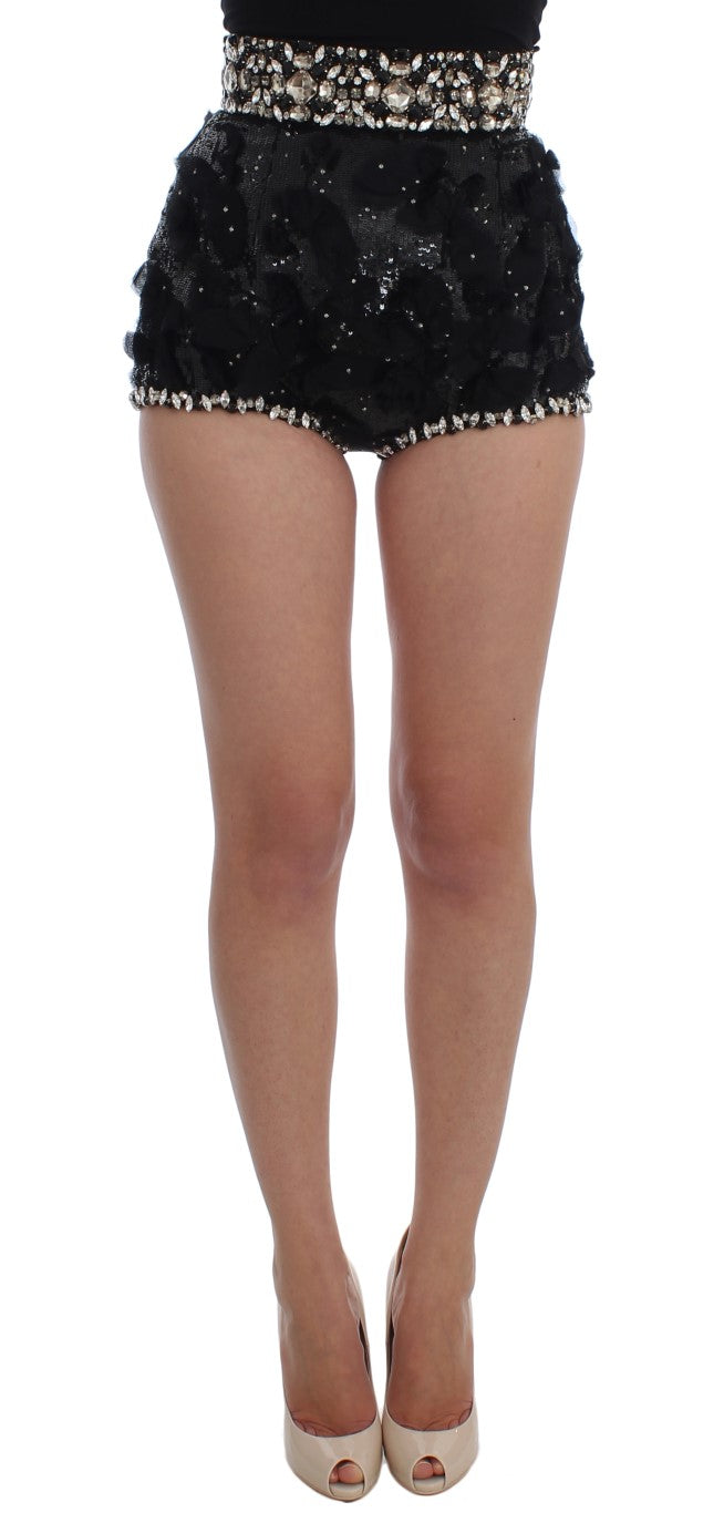 Crystal Sequined Silk High Waist Shorts - GlamHub Luxury and Icon Brand Clothing