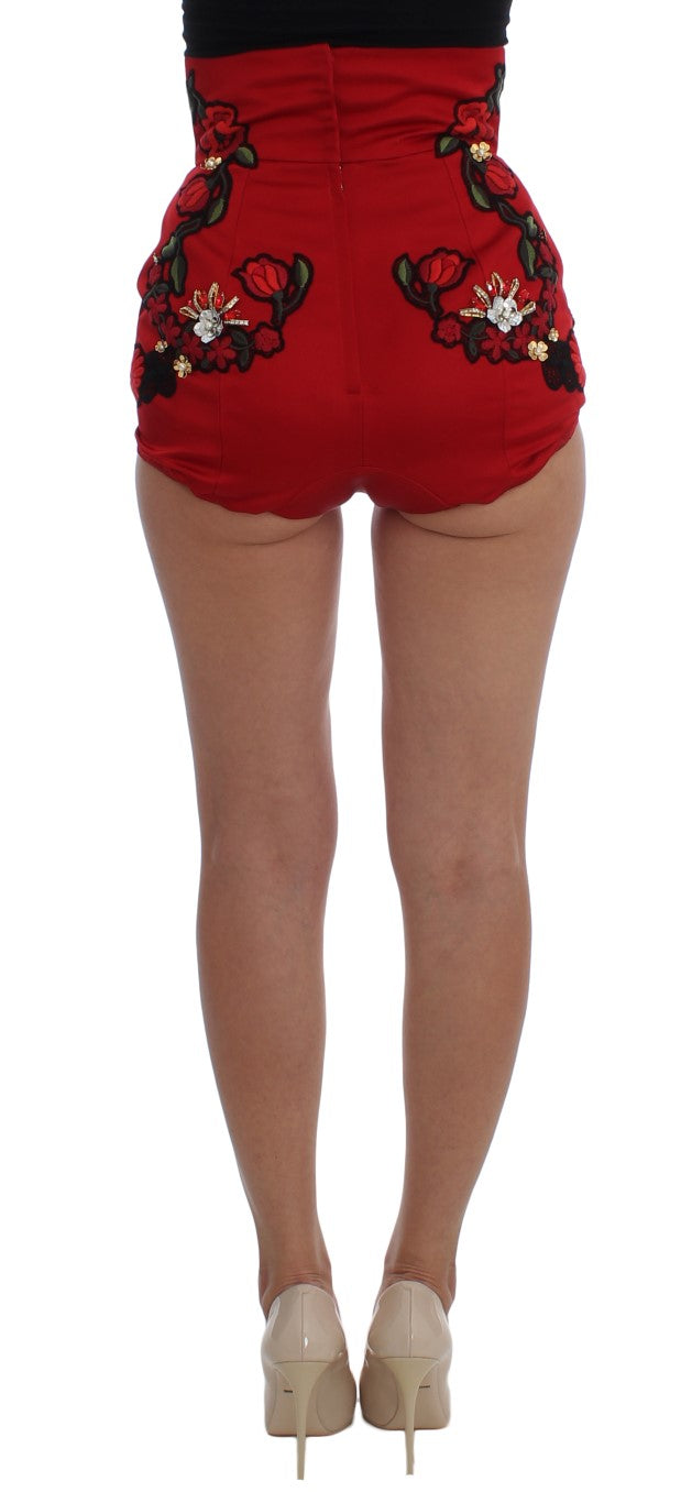 Ravishing Red Silk Embroidered Shorts - GlamHub Luxury and Icon Brand Clothing