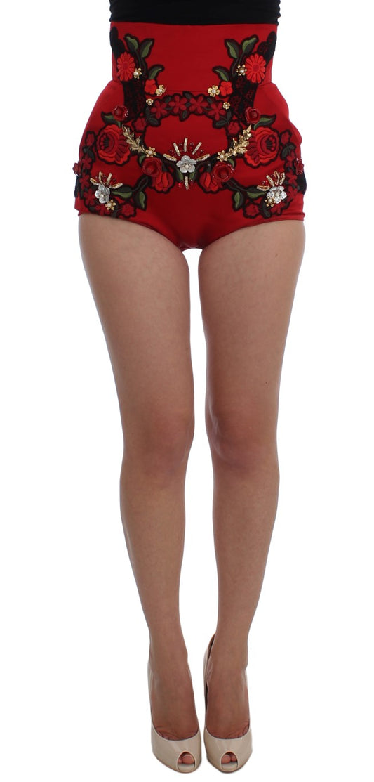 Ravishing Red Silk Embroidered Shorts - GlamHub Luxury and Icon Brand Clothing