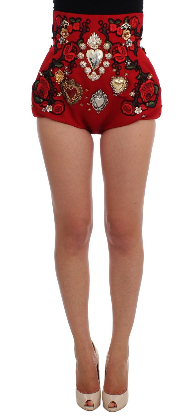 Red Silk Crystal-Embellished Mini Shorts - GlamHub Luxury and Icon Brand Clothing