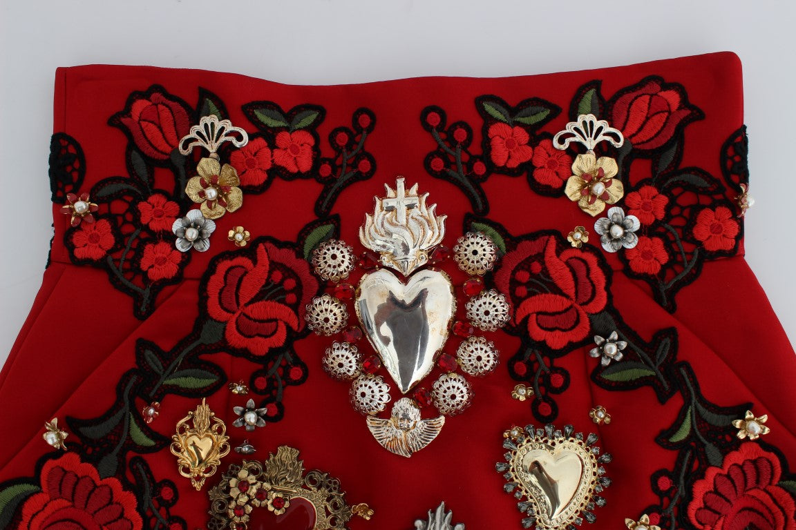 Red Silk Crystal-Embellished Mini Shorts - GlamHub Luxury and Icon Brand Clothing