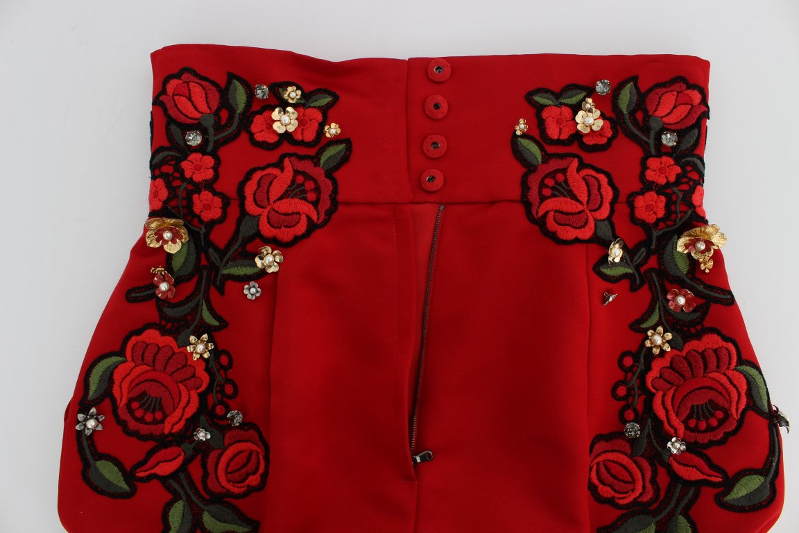 Red Silk Crystal-Embellished Mini Shorts - GlamHub Luxury and Icon Brand Clothing