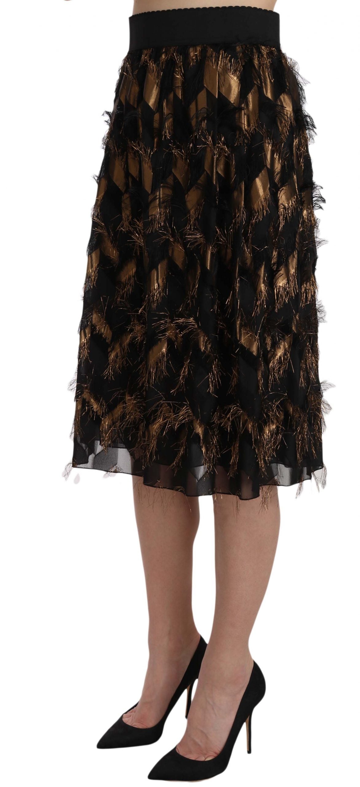 Elegant Gold Black Silk Blend High Waist Skirt - GlamHub Luxury and Icon Brand Clothing