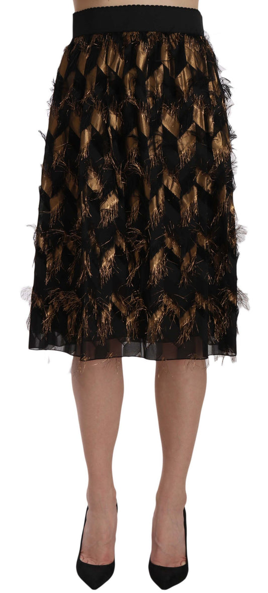 Elegant Gold Black Silk Blend High Waist Skirt - GlamHub Luxury and Icon Brand Clothing