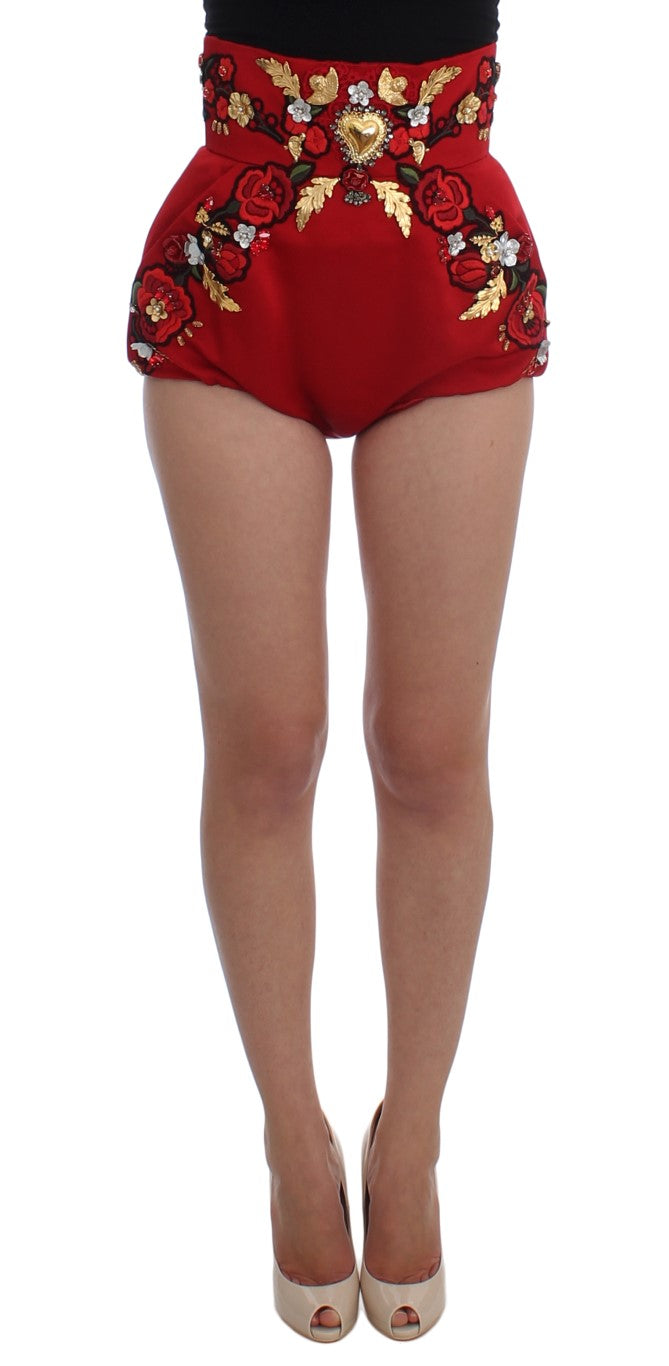 Red Silk Crystal-Embellished High Waist Shorts - GlamHub Luxury and Icon Brand Clothing