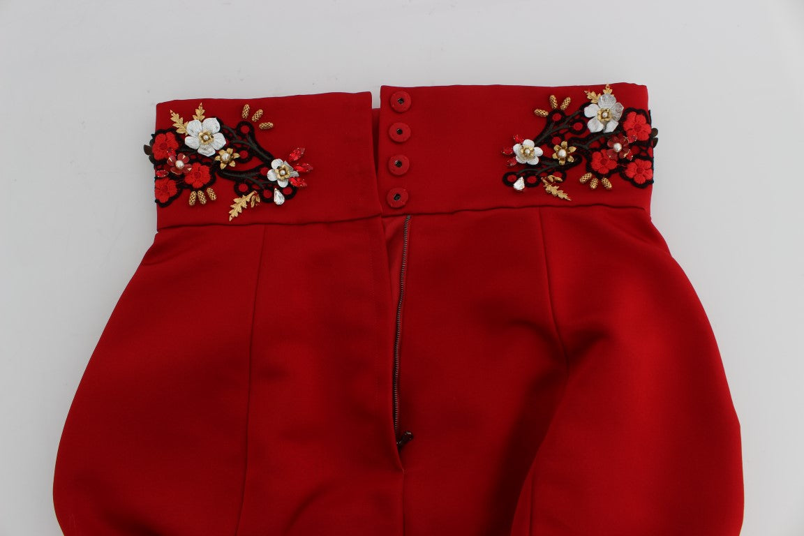 Red Silk Crystal-Embellished High Waist Shorts - GlamHub Luxury and Icon Brand Clothing