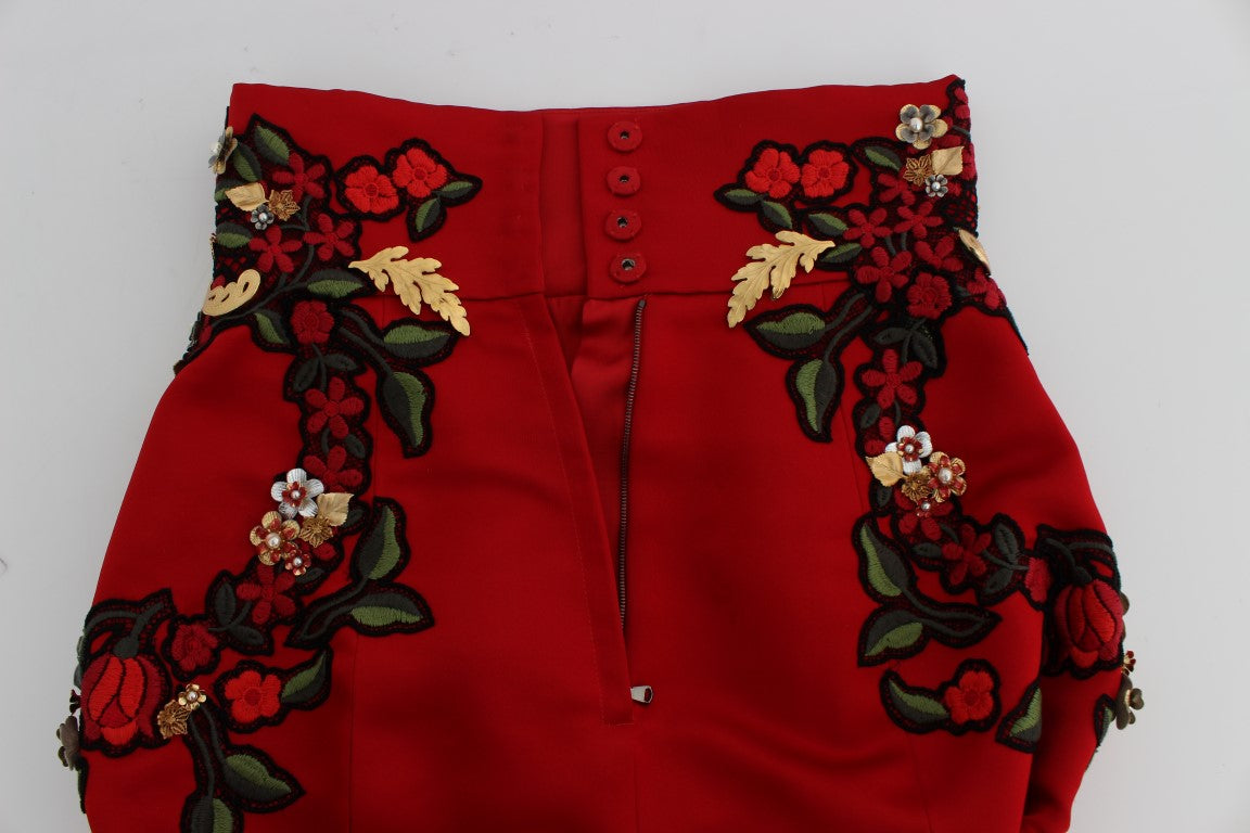 Elegant Silk Red Embroidered Mini Shorts - GlamHub Luxury and Icon Brand Clothing