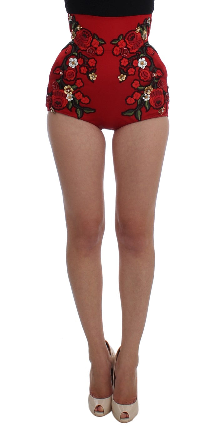 Glamorous Red Silk Floral Embroidered Shorts - GlamHub Luxury and Icon Brand Clothing