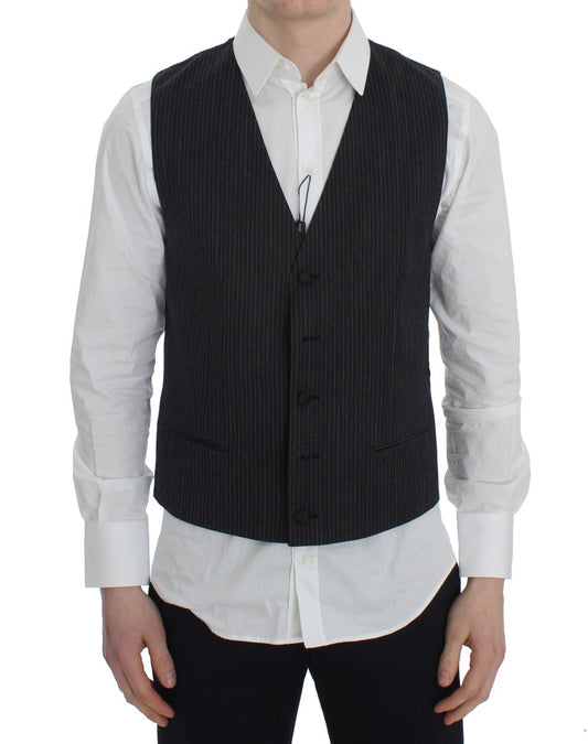 Elegant Gray Striped Wool Vest - GlamHub Luxury and Icon Brand Clothing