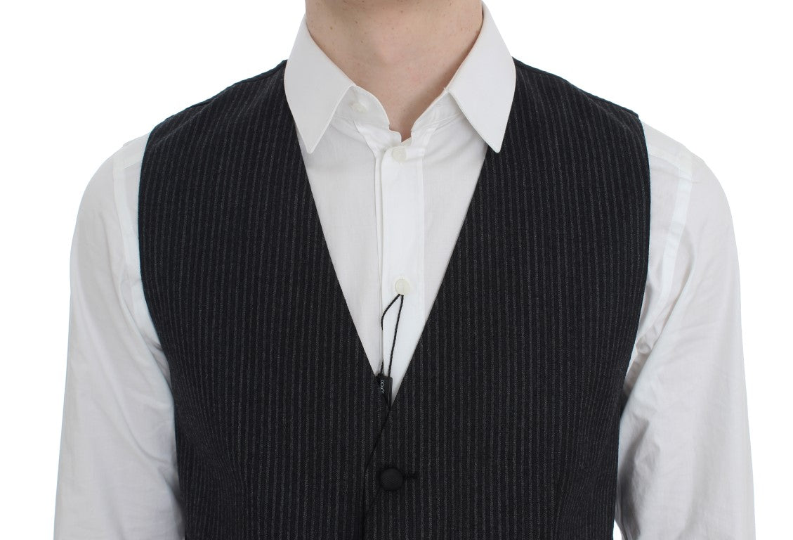 Elegant Gray Striped Wool Vest - GlamHub Luxury and Icon Brand Clothing