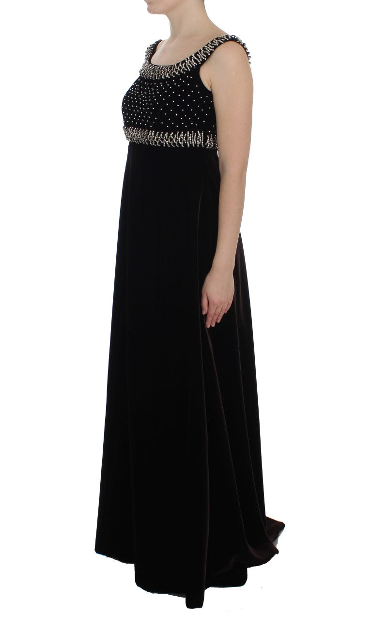 Elegant Brown Velvet Crystal Gown - GlamHub Luxury and Icon Brand Clothing