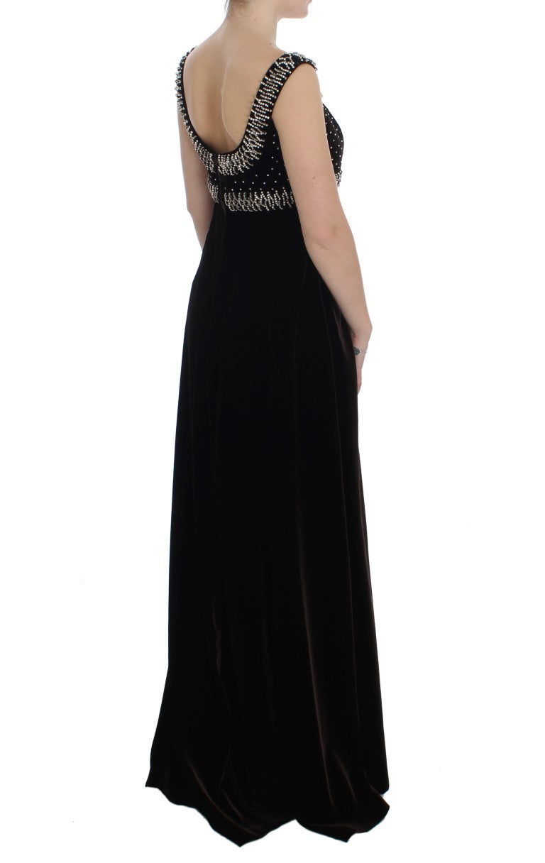 Elegant Brown Velvet Crystal Gown - GlamHub Luxury and Icon Brand Clothing