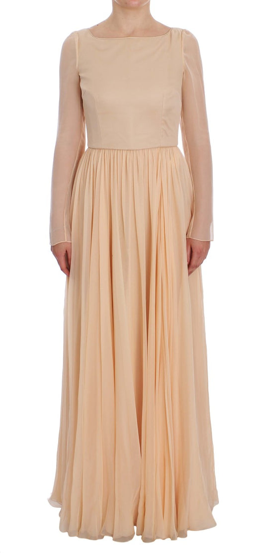 Elegant Beige Silk Full Length Sheath Dress - GlamHub Luxury and Icon Brand Clothing