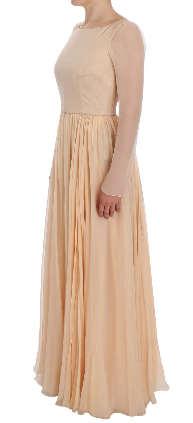 Elegant Beige Silk Full Length Sheath Dress - GlamHub Luxury and Icon Brand Clothing