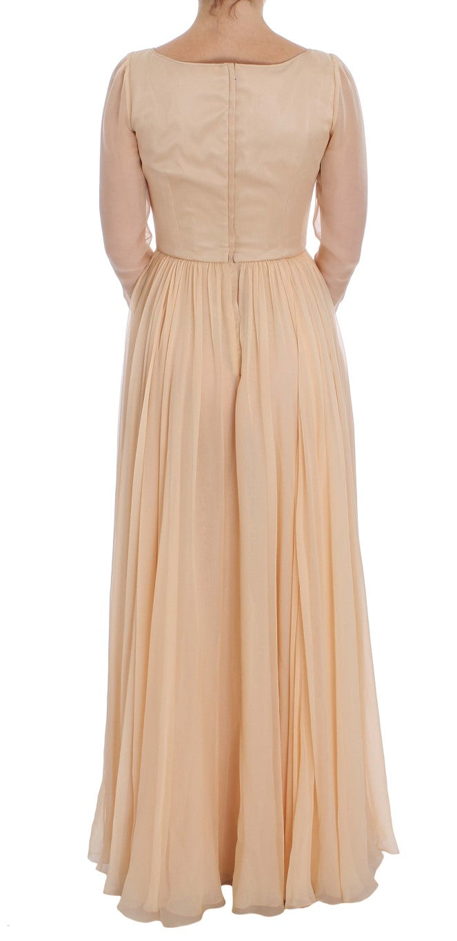 Elegant Beige Silk Full Length Sheath Dress - GlamHub Luxury and Icon Brand Clothing