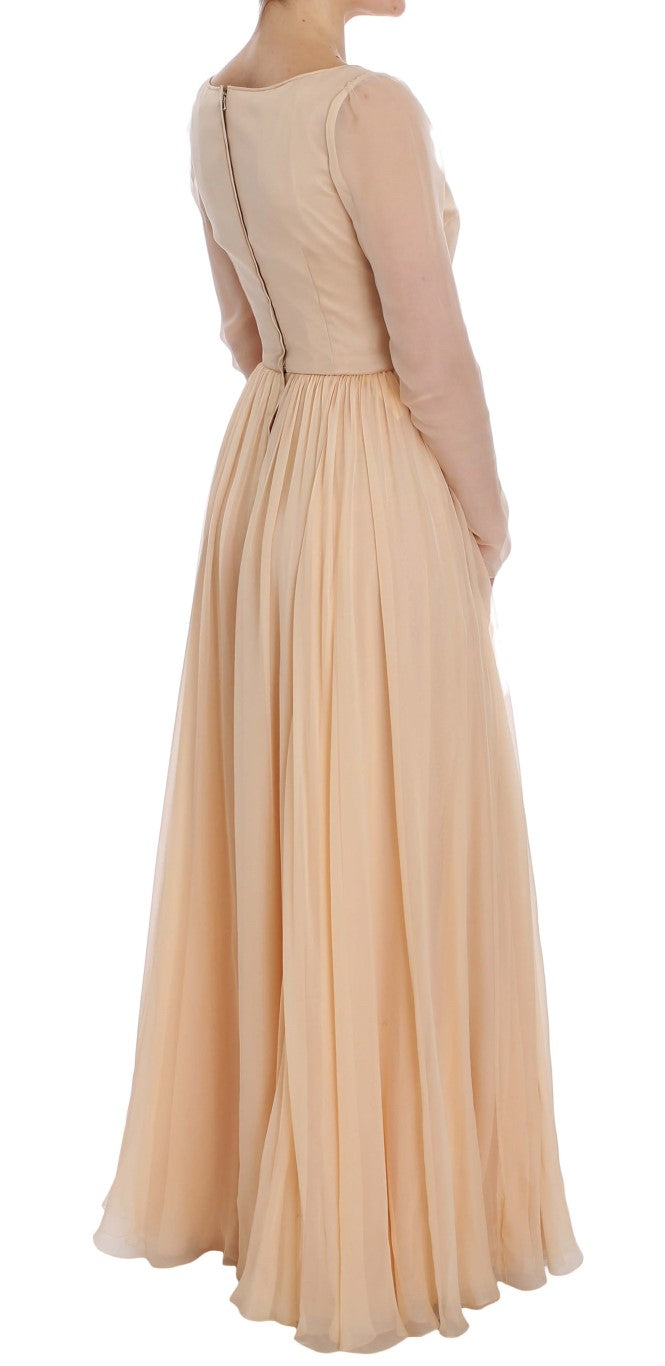 Elegant Beige Silk Full Length Sheath Dress - GlamHub Luxury and Icon Brand Clothing