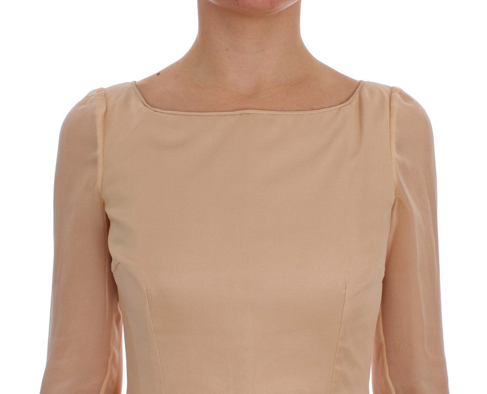 Elegant Beige Silk Full Length Sheath Dress - GlamHub Luxury and Icon Brand Clothing