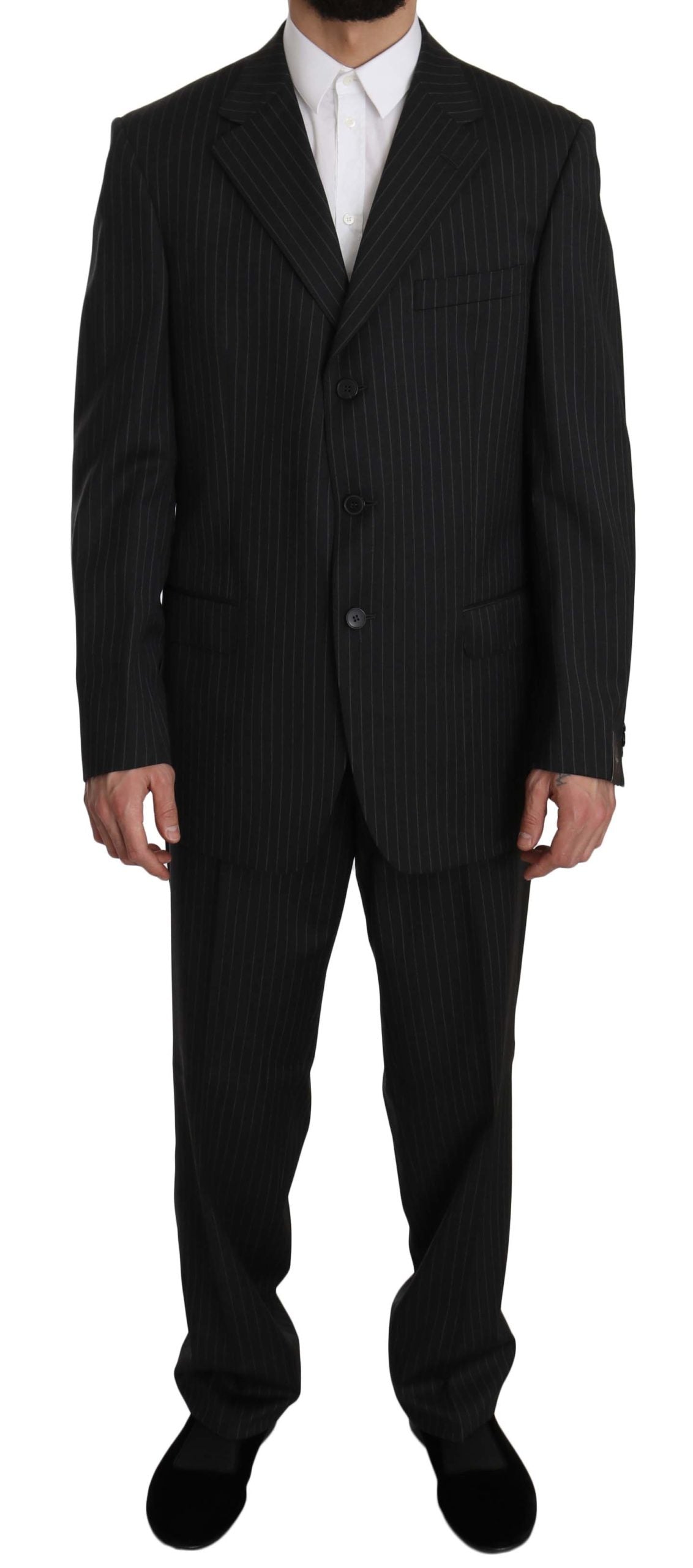 Elegant Black Striped Wool Suit - GlamHub Luxury and Icon Brand Clothing