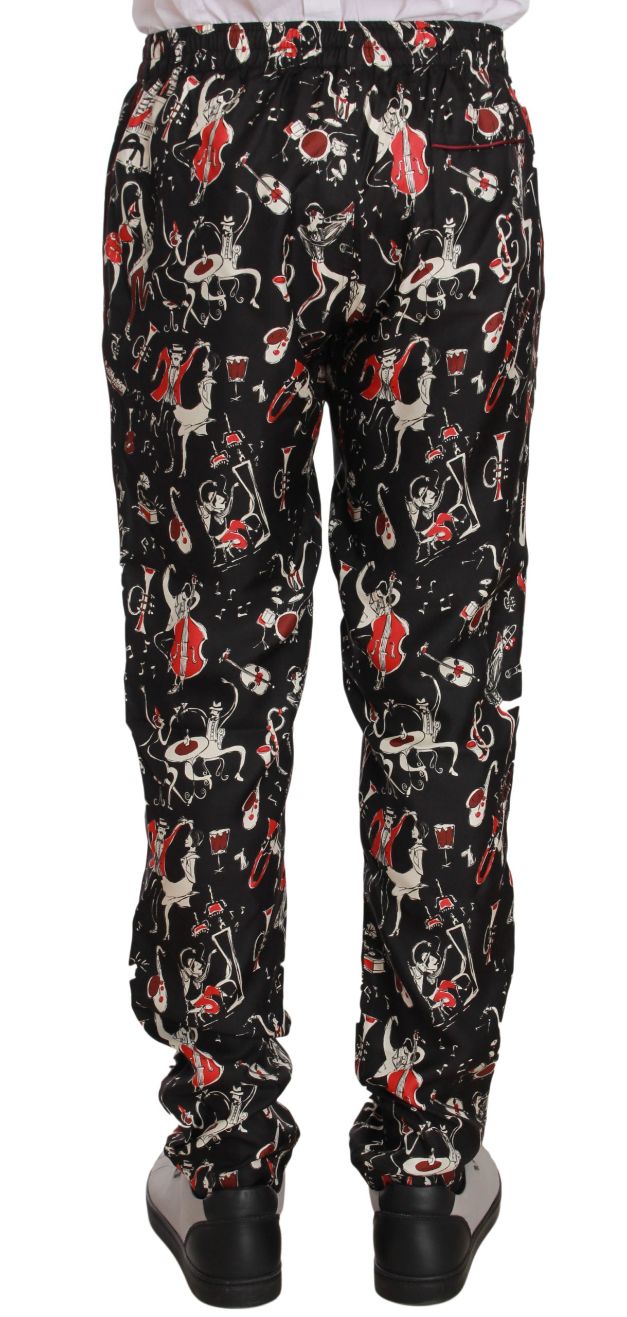 Elegant Black Silk Lounge Pants with Red Print - GlamHub Luxury and Icon Brand Clothing