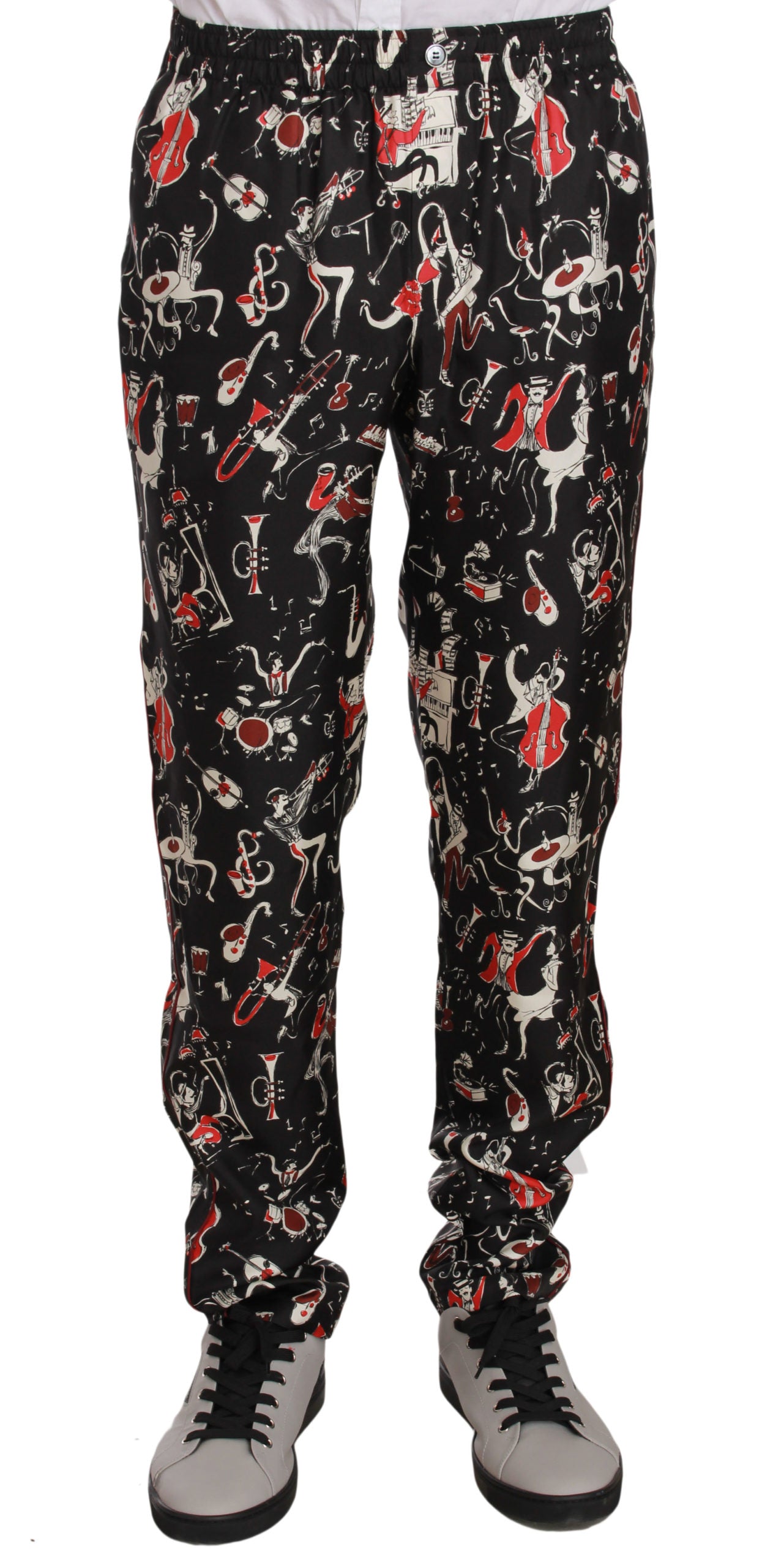 Elegant Black Silk Lounge Pants with Red Print - GlamHub Luxury and Icon Brand Clothing