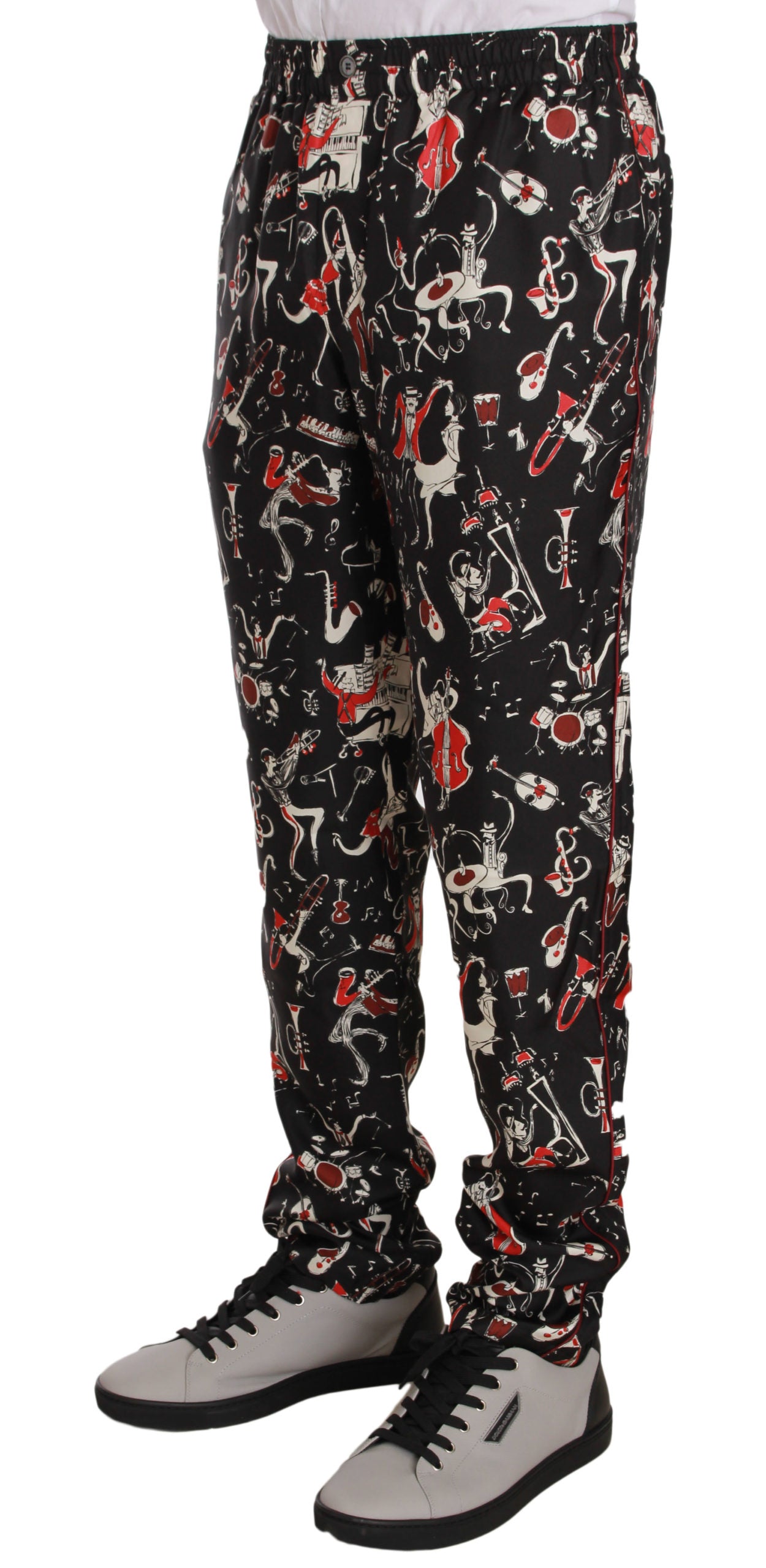 Elegant Black Silk Lounge Pants with Red Print - GlamHub Luxury and Icon Brand Clothing