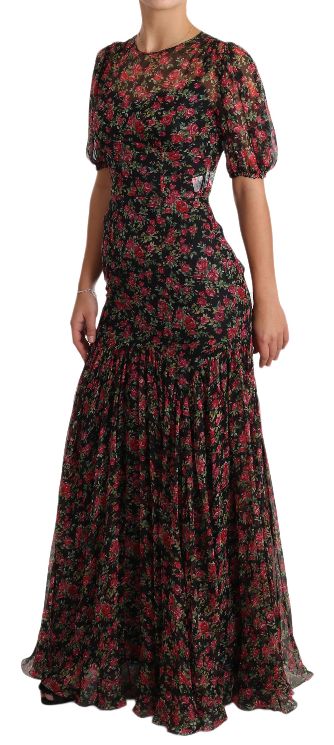 Elegant Black Silk Floral A-Line Gown - GlamHub Luxury and Icon Brand Clothing