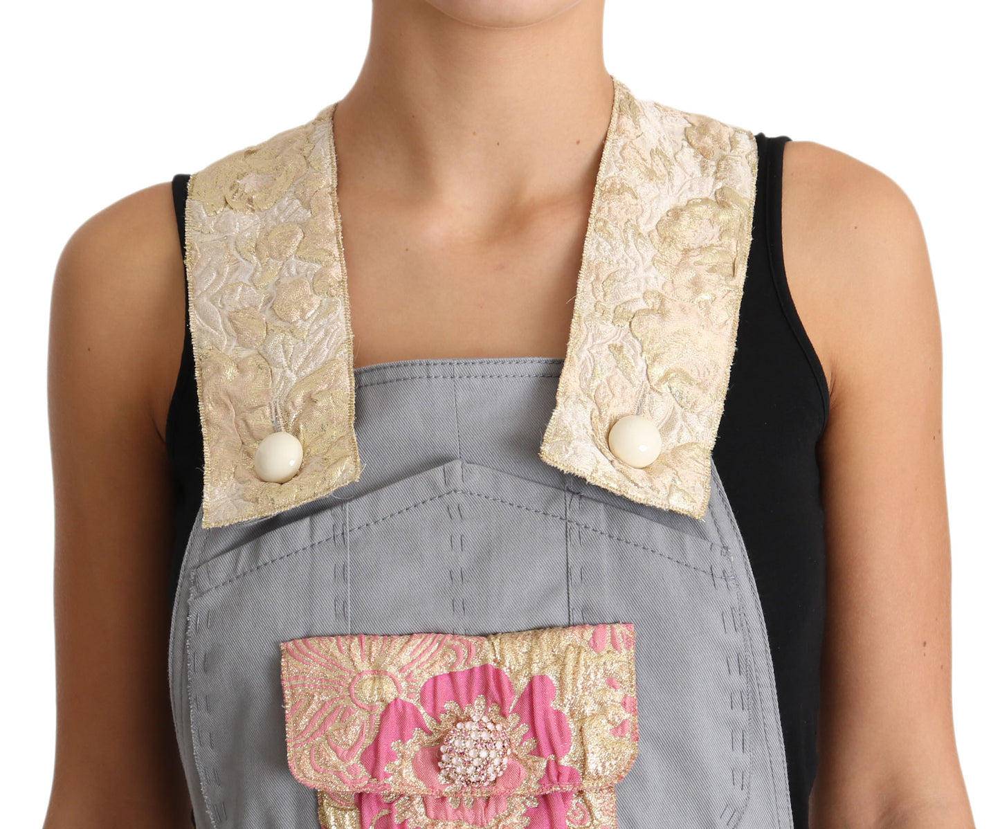 Exquisite Floral Embellished Denim Overalls - GlamHub Luxury and Icon Brand Clothing