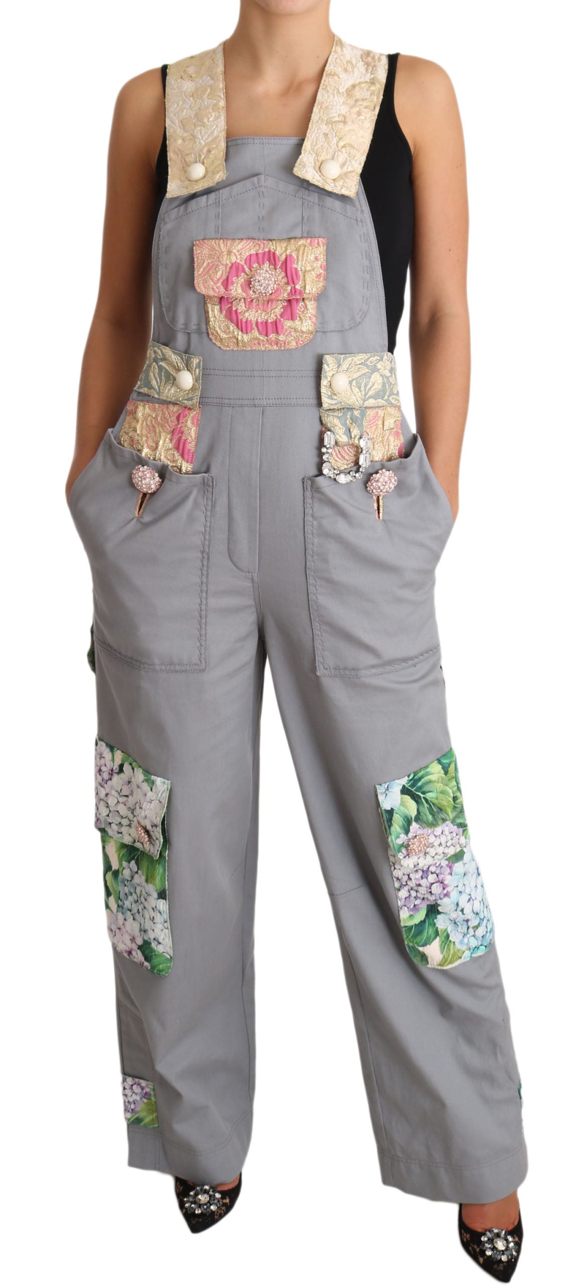 Exquisite Floral Embellished Denim Overalls - GlamHub Luxury and Icon Brand Clothing