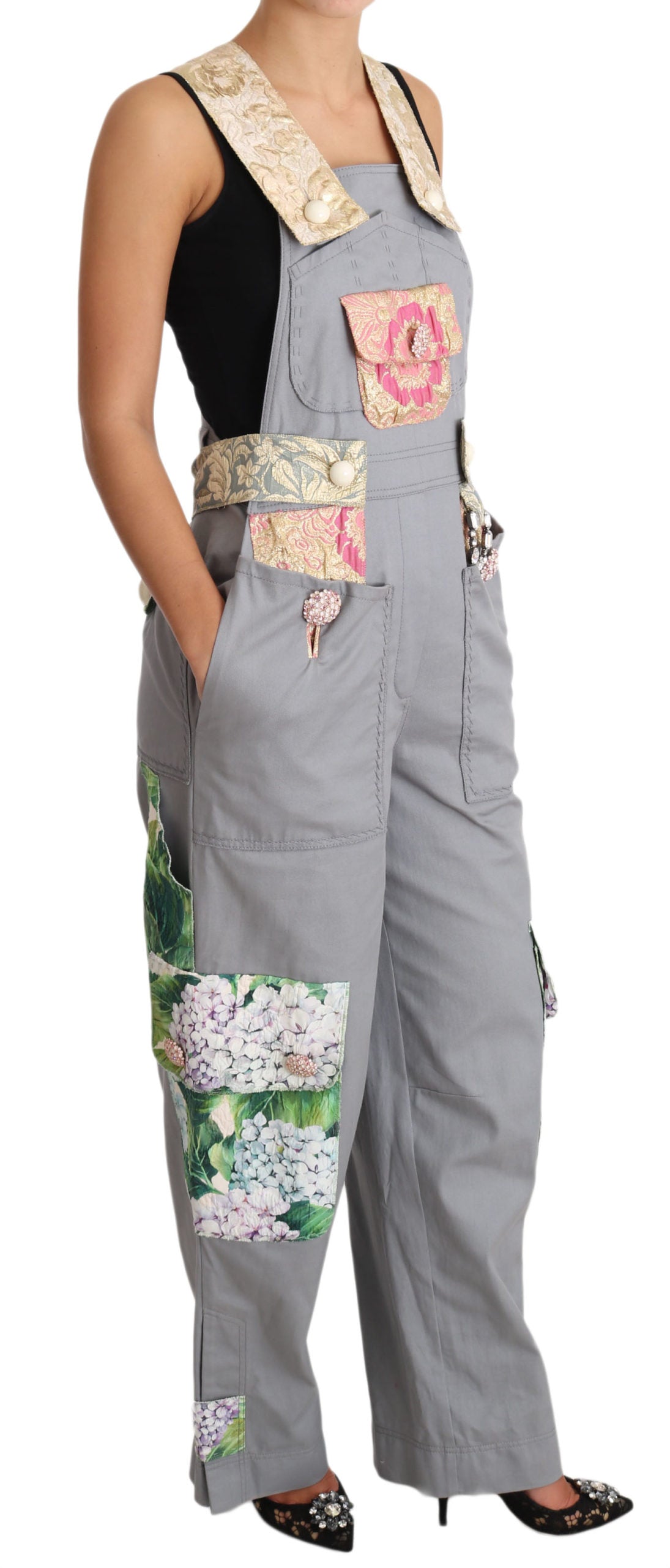 Exquisite Floral Embellished Denim Overalls - GlamHub Luxury and Icon Brand Clothing